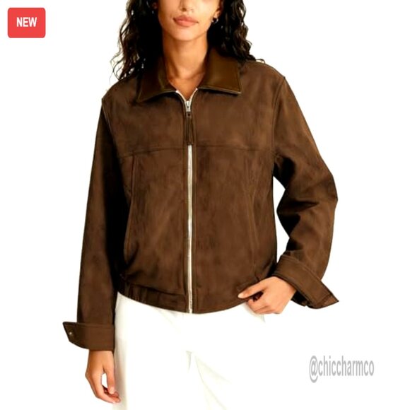 Faux Suede Cropped Jacket Contrast Collar Zip Up Utility Barn Coat - Picture 2 of 7